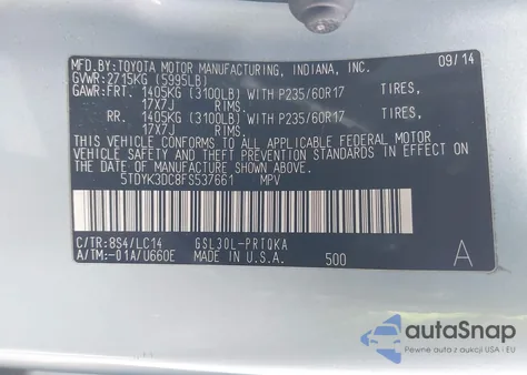 2015 Toyota Sienna Xle 8 Passenger z USA, uszkodzony, nr VIN 5TDYK3DC8FS537661